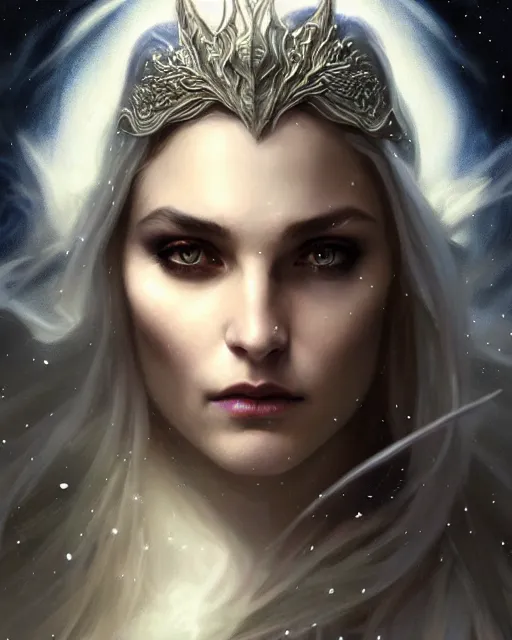 Image similar to realistic portrait of a beautiful white witch, dark night, beautiful, heroic pose, beautiful face, magic, dark magic, dramatic lighting, intricate, wild, highly detailed, digital painting, artstation, concept art, smooth, sharp focus, illustration, art by artgerm and greg rutkowski and alphonse mucha, footage from space camera