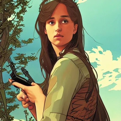 Image similar to Alicia Vikander as a teenager birdwatching, highly detailed, artstation, digital illustration, concept art, by Kyoto Animation and Studio Ghibli, by Ilya Kuvshinov and Alphonse Mucha