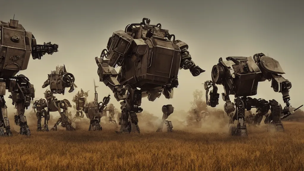 Prompt: 1920's battle in the countryside between bipedal mechs, octane render, 8k