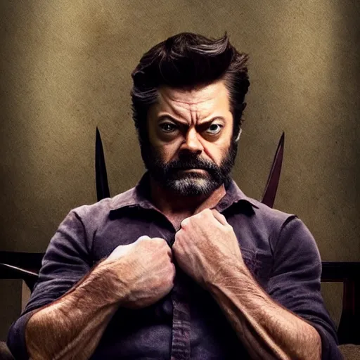 Prompt: logan wolverine pictured as nick offerman with 3 identical claws released off his wrist, photorealistic marvel movie still, imdb, detailed, 8 k, poster photosession style