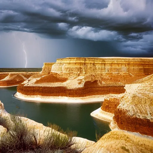 Prompt: photo of green river, wyoming cliffs during thunderstorm. the foreground and river are brightly lit by sun, and the background clouds are dark and foreboding. kodak portra 4 0 0,