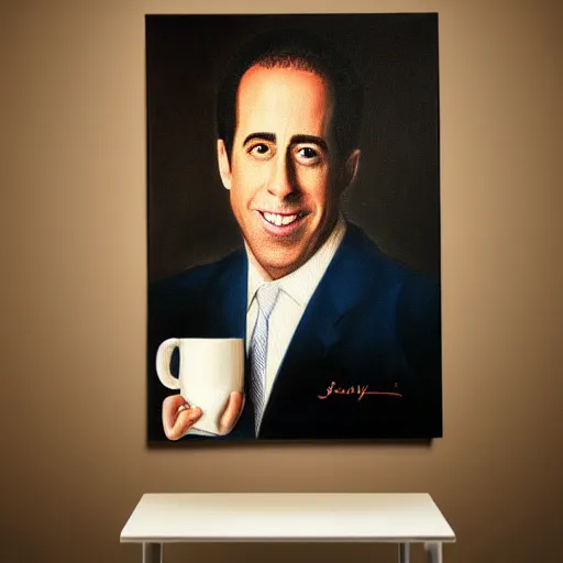 Image similar to coffee cup with an oil painting of jerry seinfeld, studio lighting, 4 k