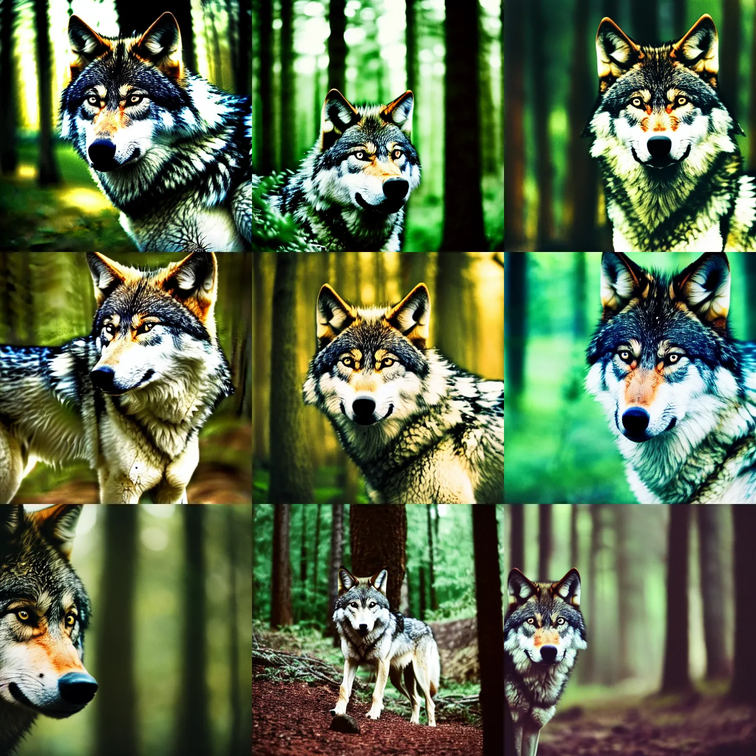 Prompt: a 3 5 mm macro photograph of a wolf in the forest, close, portrait, f / 1 1 bokeh depth of field, analog film grain