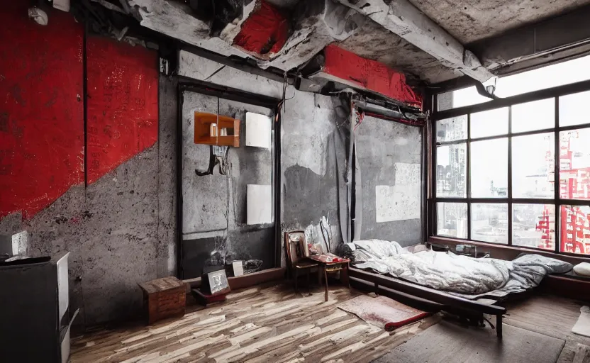 Prompt: maximalist interior of a japanese bedroom, concrete, neon signs, old brick walls, rough wood, grey, anthracite, red, akihabara style, swedish style, window with a view of apartment blocks