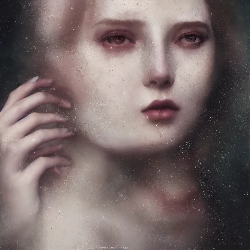 Image similar to stunning close up editorial portrait of a woman, symmetrical face, sci-fi skin, official prada editorial, beautiful pre-raphaelite portrait by charlie bowater, by Hendrik Kerstens, by Zhang Jingna, by norman rockwell, highly detailed