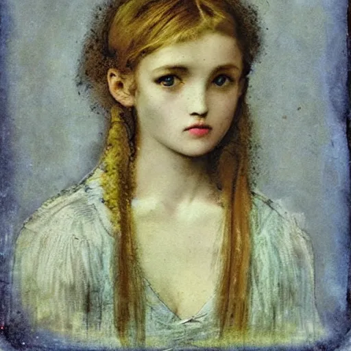 Image similar to a beautiful young lady with huge bright silver eyes, colored vintage daguerreotype by pontormo, by gustave moreau, by Mackintosh, art noveau, highly detailed, strong lights, liminal, eerie, Bright pastel colors