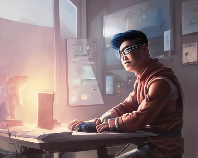 Image similar to an insanely detailed painting of a nerdy asian man wearing a superhero costume, sitting at a desk, staring at the nervously at the computer and typing, in the style of peter mohrbacher, dramatic lighting and composition, octane render, pixar, trending on artstation, concept art, comic book, view from behind