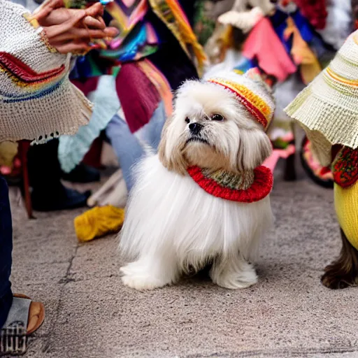 Image similar to a cream-colored Havanese and shih tzu wearing a knitted cinco de mayo ponchos and knitted hats at a fiesta in Mexico, Leica 35mm, 4K