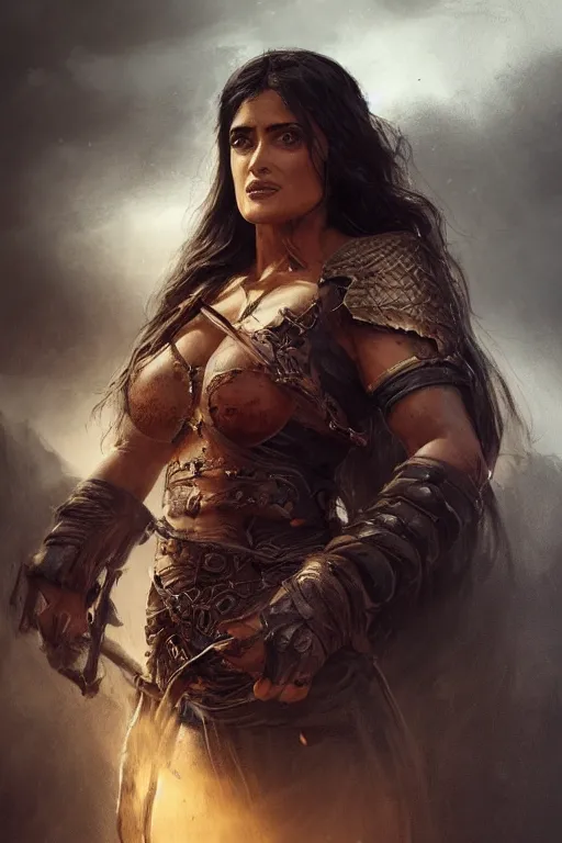 Image similar to portrait, Salma Hayek , barbarian , face portrait, raphael lacoste, eddie mendoza, alex ross, concept art, matte painting, highly detailed, rule of thirds, dynamic lighting, cinematic, detailed, denoised, centerd