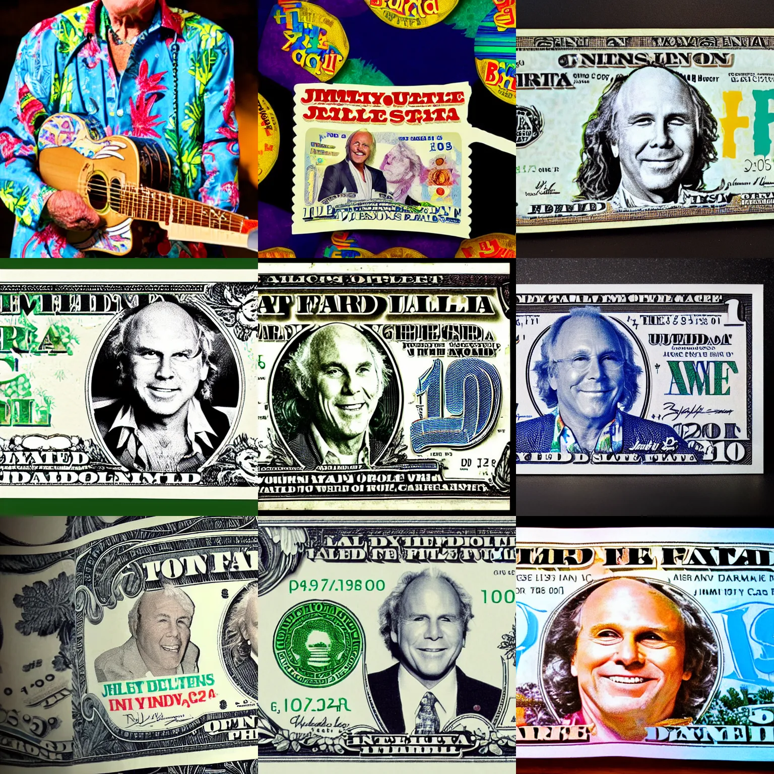 Prompt: jimmy buffet on a dollar bill