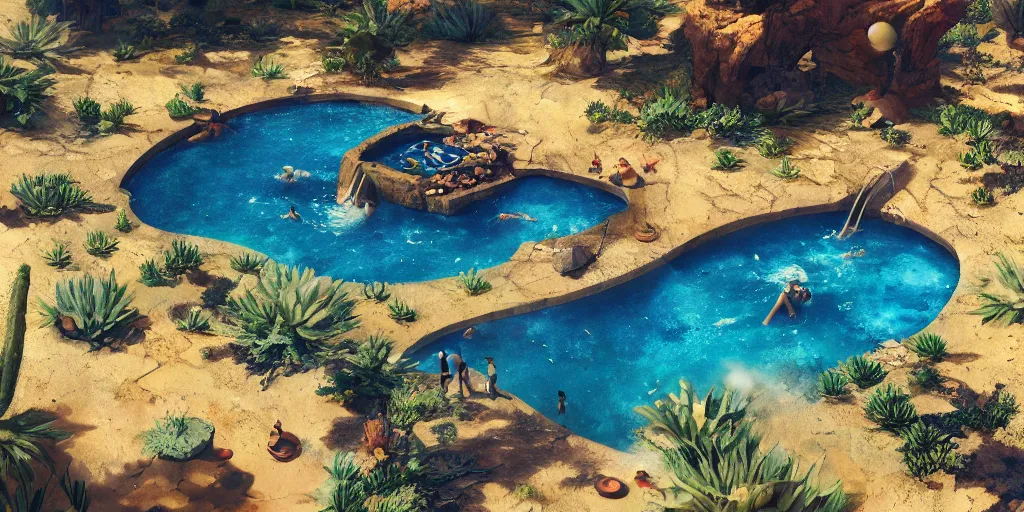 Image similar to a pool in a lush desert, greg rutkowski, zabrocki, karlkka, jayison devadas, trending on artstation, 8 k, ultra wide angle, zenith view, pincushion lens effect