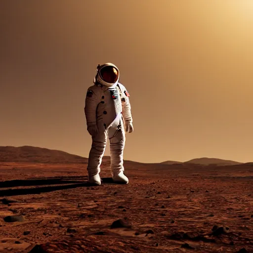 Image similar to elon musk standing on the surface on mars in a spacesuit, dramatic lighting, cinematic, wide shot, 4 k, hd, sharpdetails