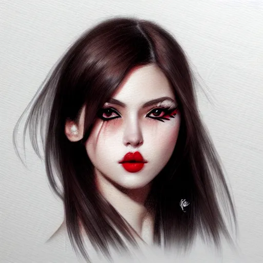 Image similar to a realistic illustration portrait of a beautiful cute girl with wavy black red hair, a pointy nose and, round chin black eyeliner, trending on artstation, intricate sift lighting, realistic