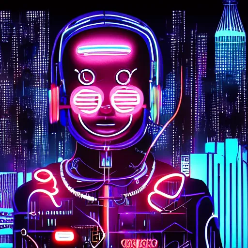 Prompt: a cyborg child with wires and tubes in their face, neon city in the background, cyberpunk digital art,