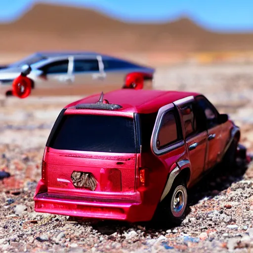 Image similar to 3 5 mm photo of metallic red aztek car like hot wheels model in area 5 1 as background