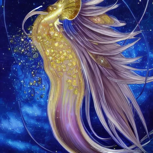 Prompt: portrait from an anime of an ethereal humanoid colorful gold blue starry fox peacock betta fish hybrid character accented in bright metallic gold, wearing star filled magic imbued mage robes, art by yuji ikehata, background art by miyazaki, realism, proper human proportions, fully clothed