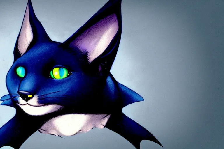 Image similar to a blue - and - black male catbat fursona with blue / green heterochromatic eyes ( differently - colored eyes, one green, one blue ) and huge bat ears, photo of the catbat streaming on his computer