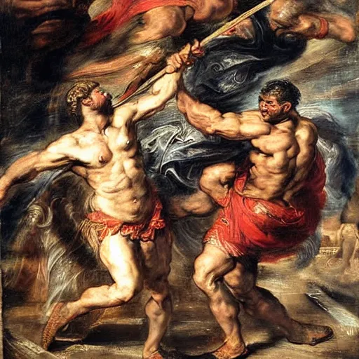 Image similar to a realistic painting of two gladiators fighting each other inside the colosseum, hot weather, brutal fight, extreme detail, action pose Peter Paul Rubens