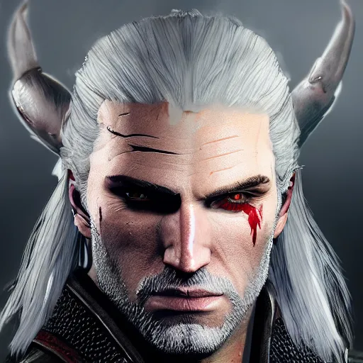 Prompt: geralt the witcher 3 with demon horns, photorealistic, realistic