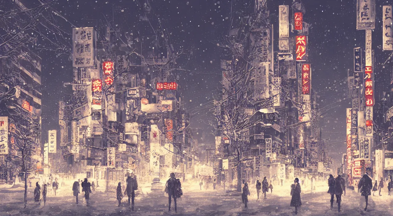 Prompt: Date in Tokyo in Winter Night, game concept art by Akihiko Yoshida, trending on artstation and cgsociety