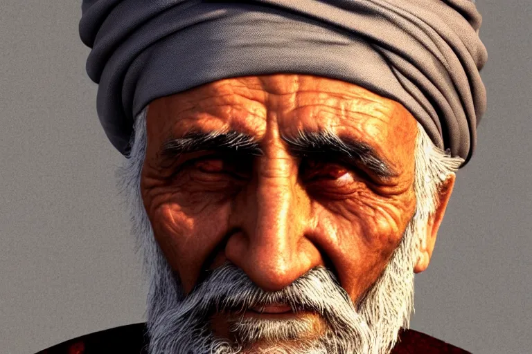 Prompt: hyperrealistic close up portrait of an old arabic man, wearing a turban, lit by dawn light, desert city on background, trending on artstation