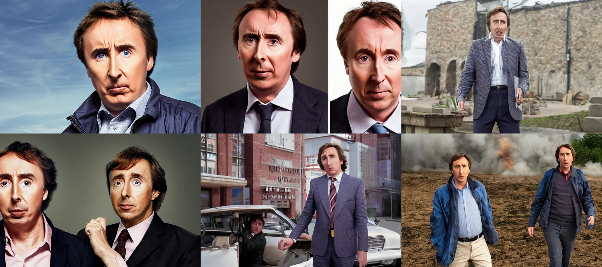 Prompt: promotional image of alan partridge as James in the new movie directed by Michael Bay, large explosion, detailed face, movie still frame, promotional image, imax 70 mm footage