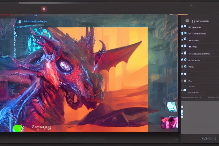 Image similar to a video call from a dragon with a highly detailed face. cyberpunk color scheme and theme.