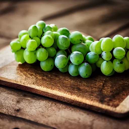 Prompt: photograph of delicious green grapes on a dark wooden chopping board, professional food photography, photorealistic, depth of field, 4 k, canon 1 d, bohek