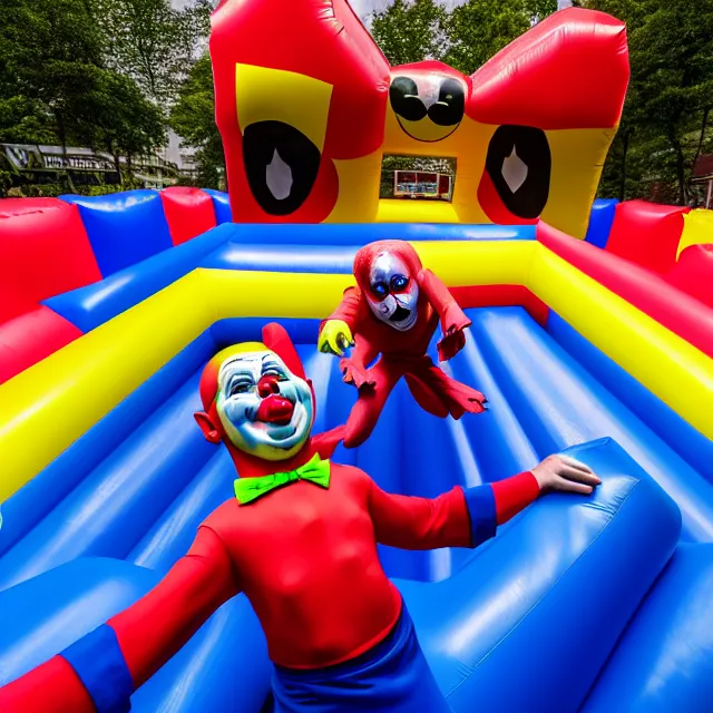 Prompt: , chased by a scary clown in an infinite liminal space made of bouncy castle, highly detailed, 8 k, hdr, smooth, sharp focus, high resolution, award - winning photo