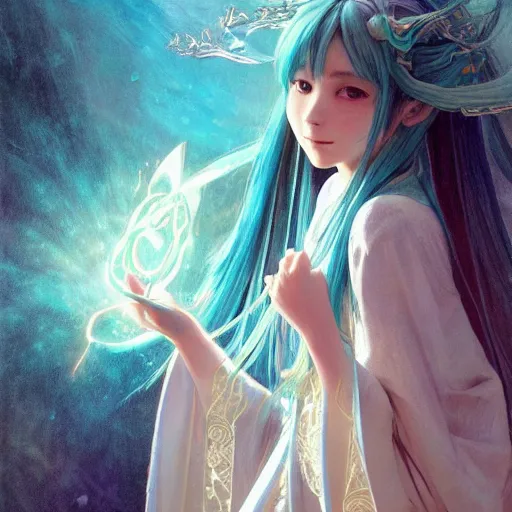 Prompt: a beautiful portrait of hatsune miku as a wizard, fantasy, intricate, elegant, highly detailed, digital painting, artstation, concept art, matte, sharp focus, illustration, art by greg rutkowski and alphonse mucha