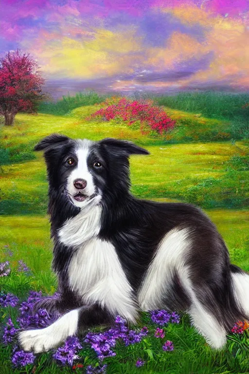 Prompt: sitting border collie with fantasy background by lilia alvarado