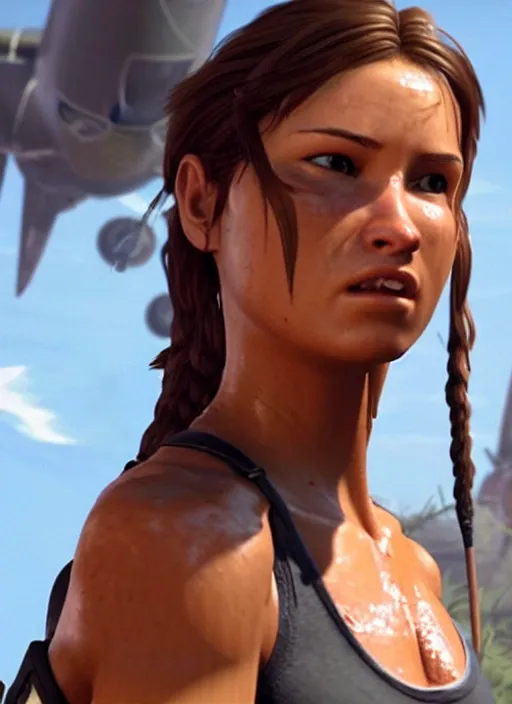 Image similar to an film still of lara croft face getting sweat because of the sun heat, she looks thirsty