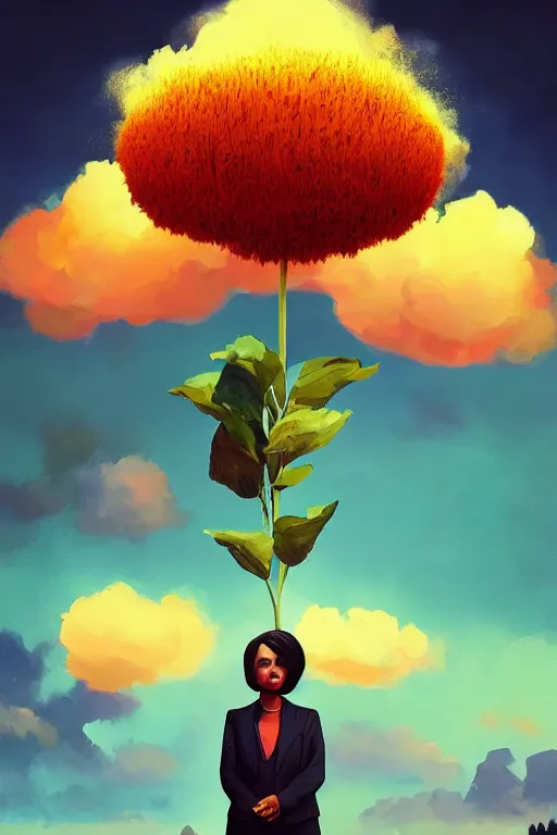 Image similar to portrait, giant flower as head, black woman in suit, surreal photography, golden hour, colorful clouds, impressionist painting, digital painting, artstation, simon stalenhag