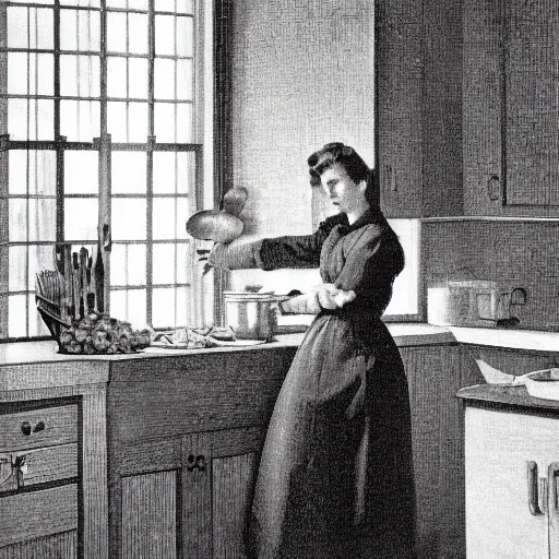 Prompt: housewife in 1 9 5 0 s kitchen by gustave dore