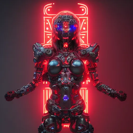 Image similar to cybernetic female warrior with glowing red heaphones and glowing red intricate sigils of death covering her body, intricate detail, finely detailed, small details, extra detail, trending on artstation, high resolution, 3D