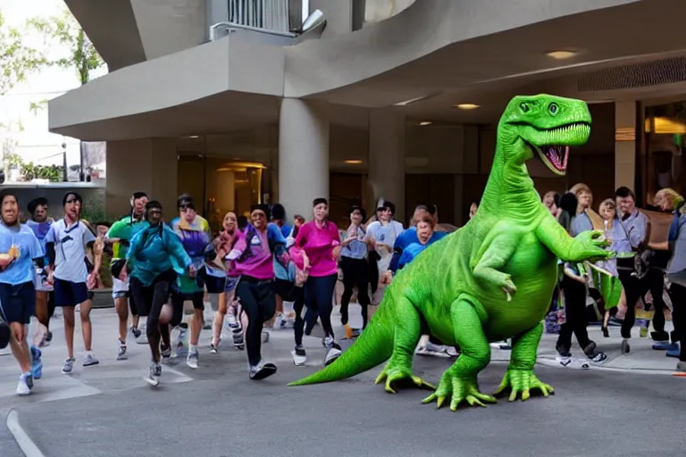 Prompt: a dinosaur checking into a hotel with a bunch of employees running in fear