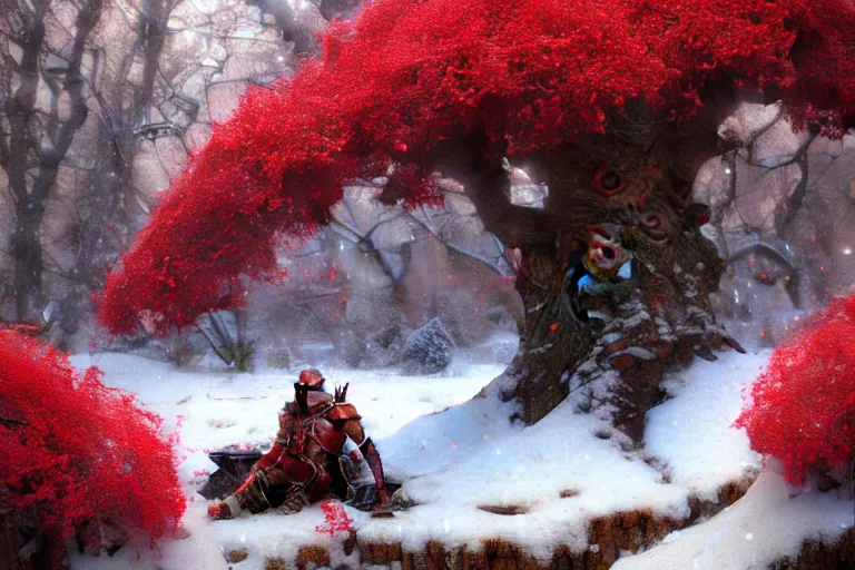 Image similar to winter, a male warrior wearing armor relaxing under a huge tree with red flowers, ground covered with snow, extreme long shot, fantasy, painting by gaston bussiere, craig mullins, j. c. leyendecker, trending on artstation