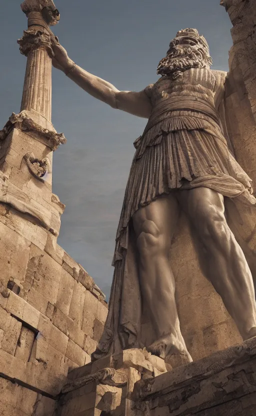 Image similar to looking up at a colossal statue of an old king at the entrance of an ancient greek harbor, greg rutkowski, 8 k, shallow depth of field, intricate detail, concept art,