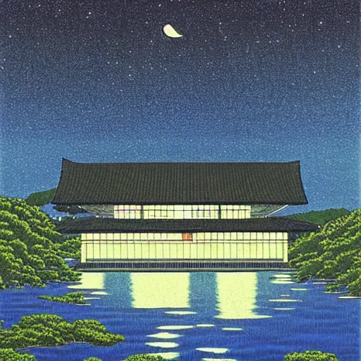 Image similar to painting by Hasui Kawase, atmospheric cozy futuristic organic white concrete house in the middle of a lush and dense forest at night, a beautiful lake next to it, night time, night sky, starry night sky, by Hasui Kawase