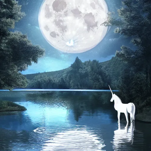 Prompt: a photograph of a white unicorn drinking from a lake. the moon shines on the unicorn. beautiful artstation, incredibly realistic, high quality, 8 k, hdr, incredibly detailed.