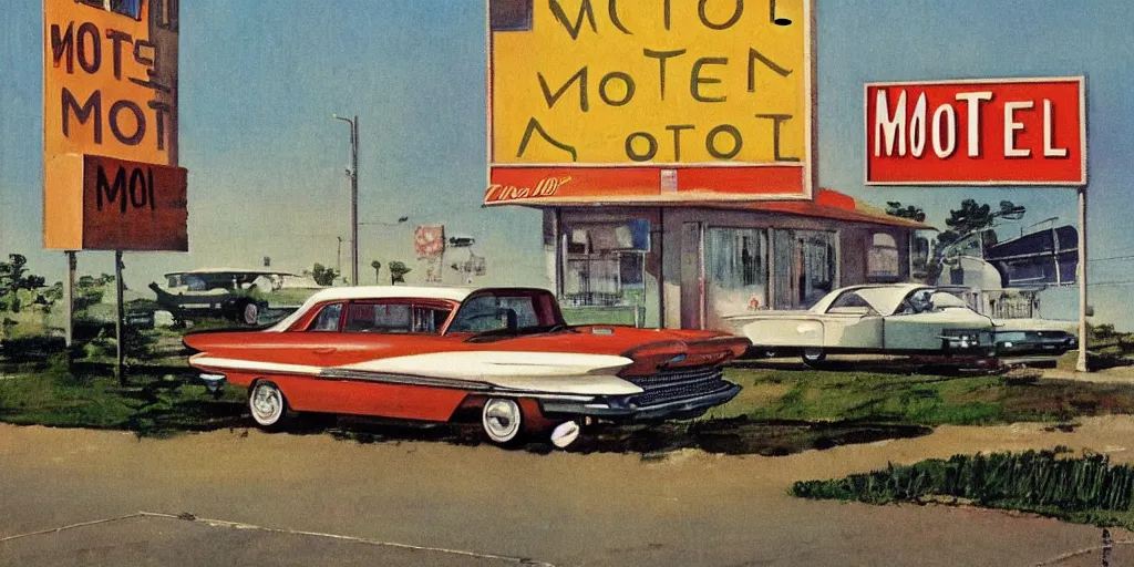 Image similar to 1 9 6 0 s americana painting of a motel and motel sign with a car parked outside by norman rockwell, panovision