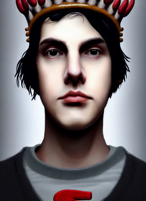 Image similar to portrait of teenage jughead jones wearing a light grey crown, photorealistic, crown, sweater with letter s on it, hamburger, eyes closed, crown, black hair, intricate, elegant, glowing lights, highly detailed, digital painting, artstation, concept art, smooth, sharp focus, illustration, art by wlop, mars ravelo and greg rutkowski