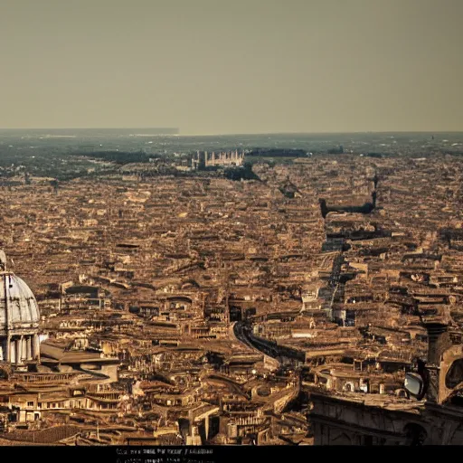 Prompt: Captain America flies over the cityscape of Rome. Filmed in the style of Wim Wenders. Cinematic, 50mm, highly intricate in technicolor