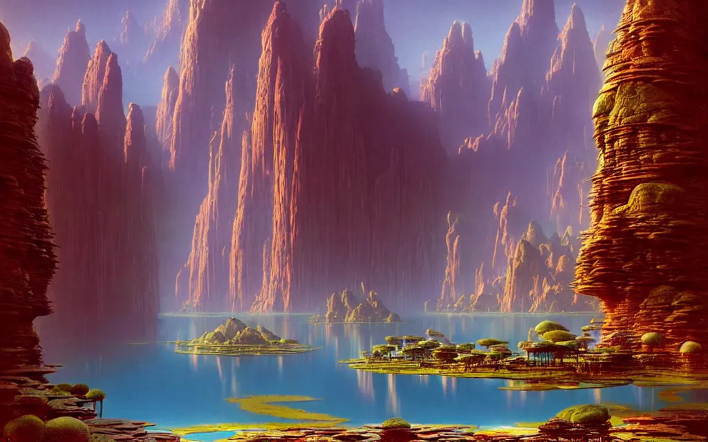 Prompt: a beautiful highly detailed matte painting of an alien planet with giant lotus with a lake surrounded by a canyon and rocks. by bruce pennington concept art
