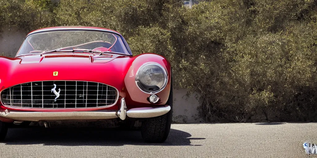 Image similar to photograph, 1958 FERRARI 250 GT, bronze paint, by Peter Singhof, press release, cinematic, pacific coast highway, 8k, depth of field, bokeh. rule of thirds