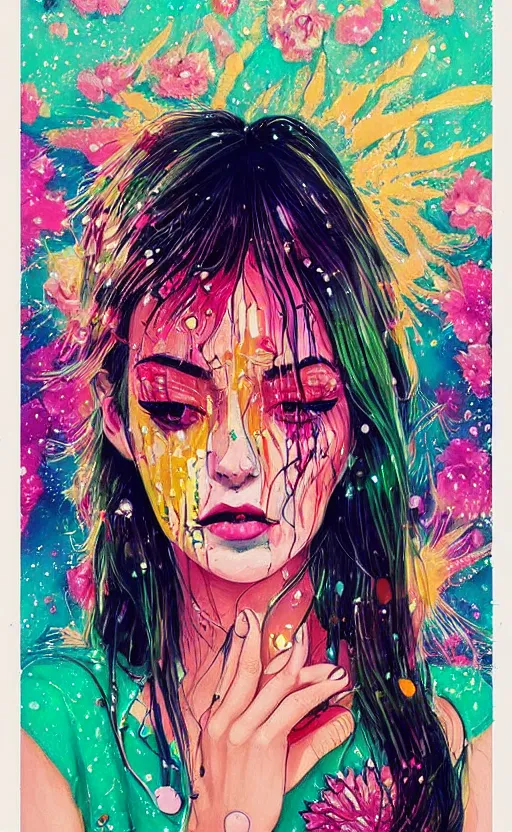 Prompt: an ultra detailed beautiful painting of a stylish woman with colorful sundress, concert poster, modern, harumi hironaka, conrad roset, greg rutkowski