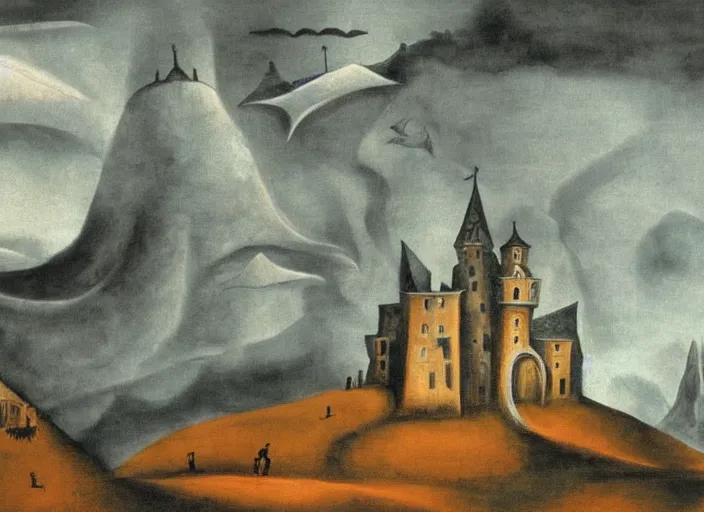 Prompt: The Elf King's castle on a mountain under a stormy sky, style of Leonora Carrington