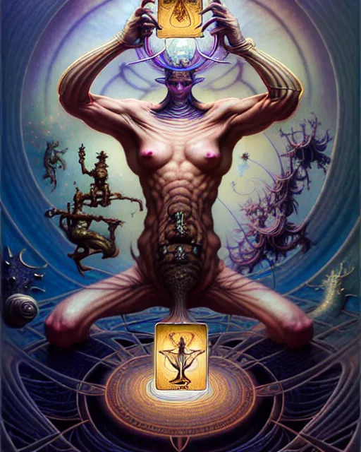 Image similar to man upside down tarot card, fantasy character portrait made of fractals, ultra realistic, wide angle, intricate details, the fifth element artifacts, highly detailed by peter mohrbacher, hajime sorayama, wayne barlowe, boris vallejo, aaron horkey, gaston bussiere, craig mullins