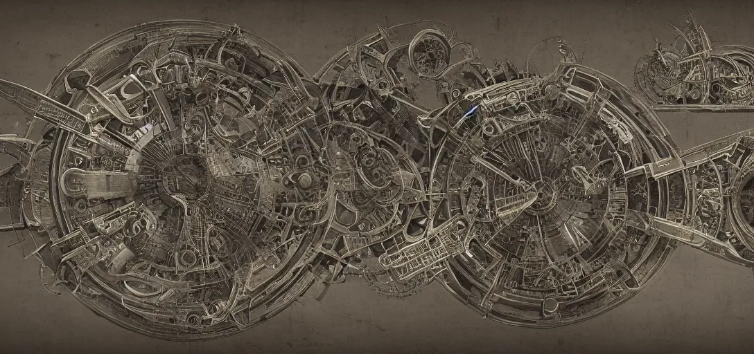 Image similar to symmetrical steampunk blueprint of a Perpetuum mobile, marginalia, symmetry, intricate Details, raphael lacoste, eddie mendoza, alex ross, concept art, matte painting, highly detailed, rule of thirds, dynamic lighting, cinematic, detailed, denoised, centerd, clean render