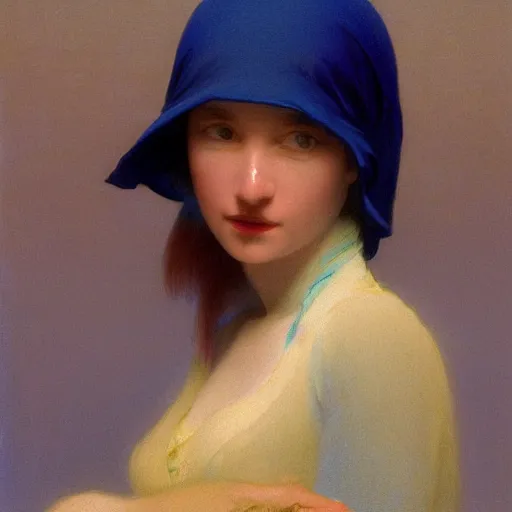 Prompt: a young woman's face, her hair is white and she wears an indigo blue satin cloak, by ivan aivazovsky and syd mead and moebius and gaston bussiere and roger dean and pieter claesz and paul delaroche and alma tadema and aelbert cuyp and willem kalf, hyperrealistic, volumetric light, octane render